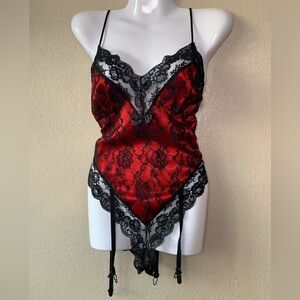 Vintage BLISS Red satin Black Lace Teddy With Garter Whimsigoth Size L